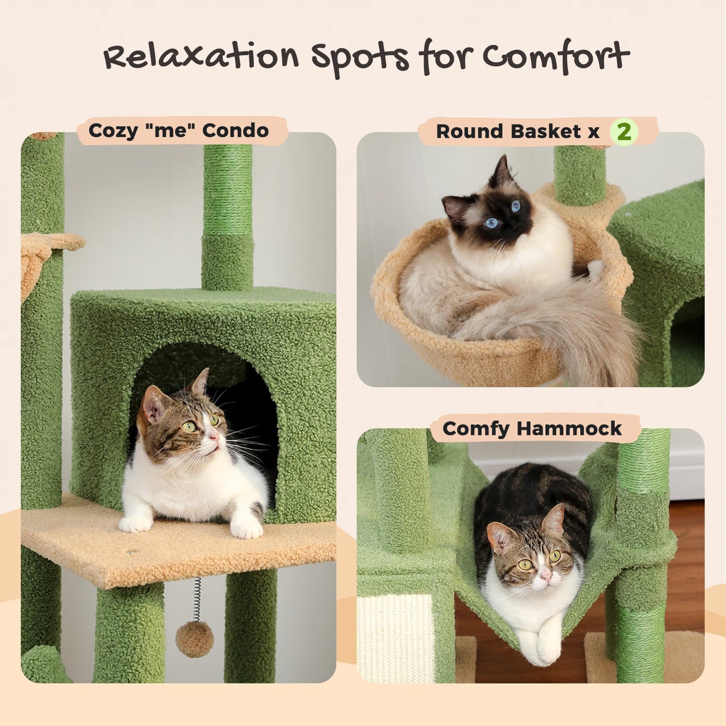 Cactus Cat Tree Floor to Ceiling Cat Tower with Adjustable Height 216-285CM 7 Tiers Climbing Tree with Cozy Hammocks and Condos