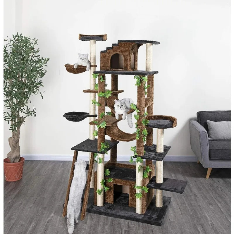 71" Jungle Forest Luxury Cat Tree Condo Kitty Climber Furniture Arched Top with Spinning Poles and Tunnel