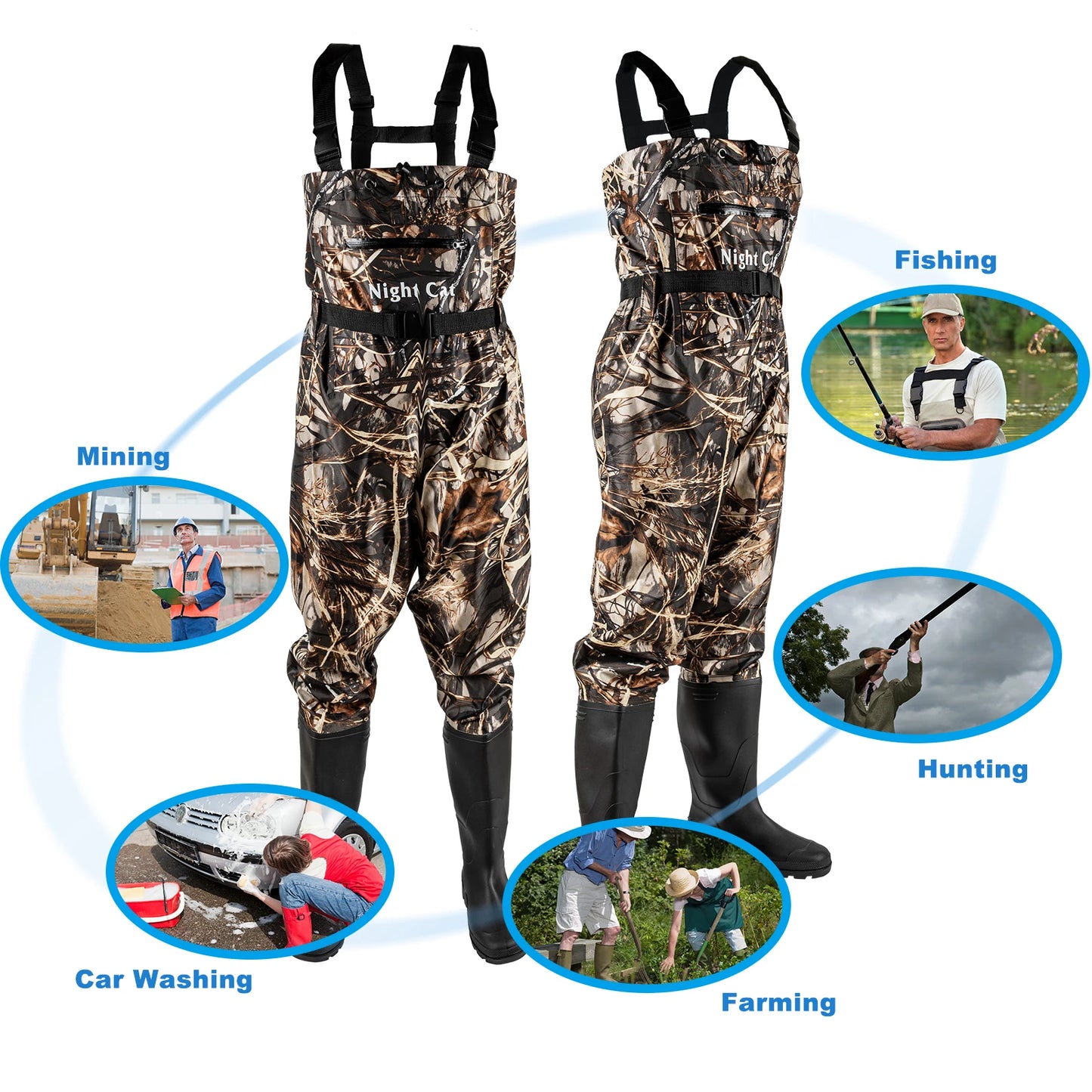 Night Cat Fishing Wader for Men Women Waterproof Hunting Nylon Chest Wader with Boots Belt Breathable Lightweight