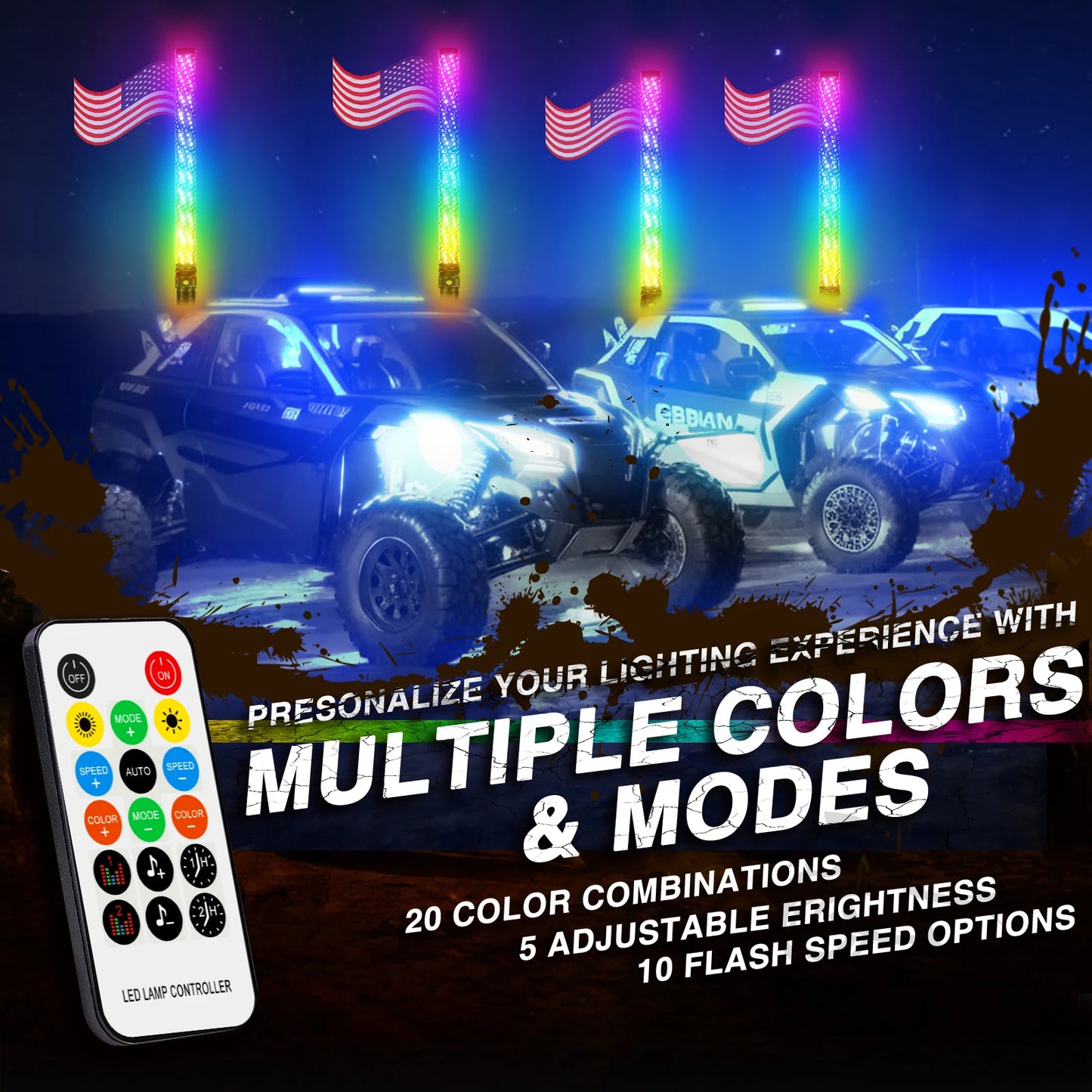 2PCS 2FT Bluetooth Remote Control Colorful Spiral LED Whip Lights for ATV Polaris RZR Flagpole Lamp.