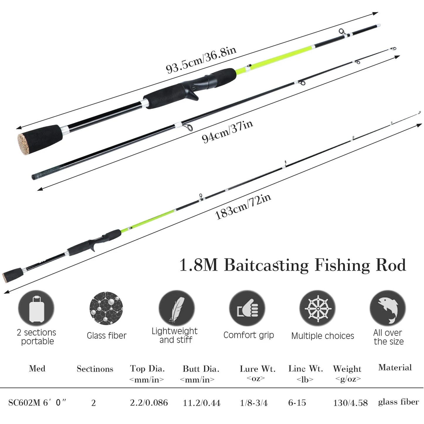 2 Sections 1.8m Spinning Fishing Rod Casting Rods EVA Grip Smooth Transition Fishing Pole.