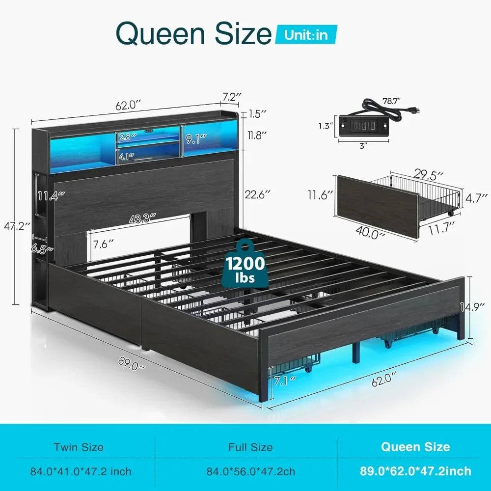 Queen Bed Frame with Storage Headboard, Metal Platform Charging Station, LED 4 Drawers, Bookcase Storage