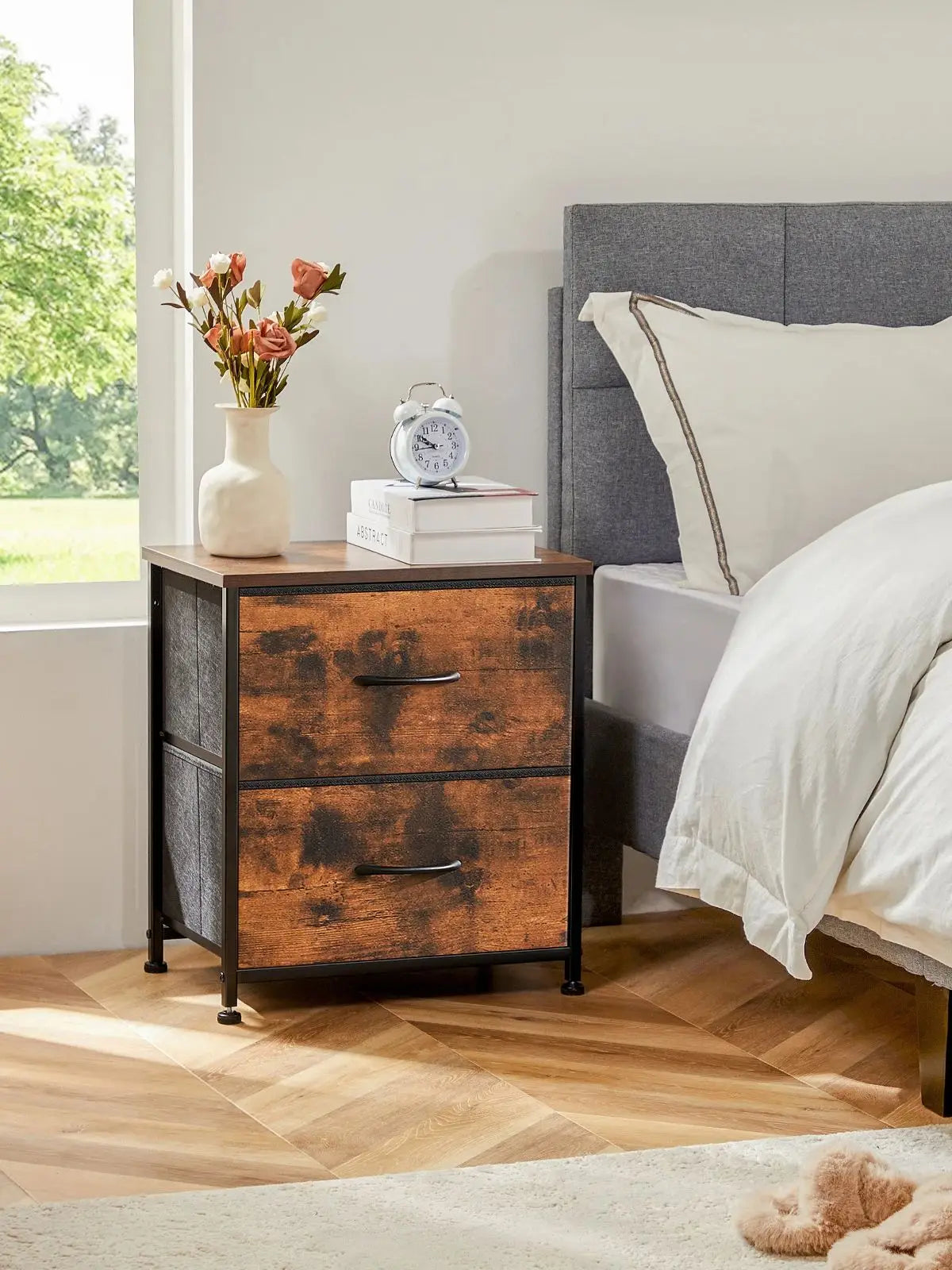 Nightstand With 2 Fabric Drawers Bedside Sofa Table With Storage Closet Chest Clothes Display Cabinet Furniture