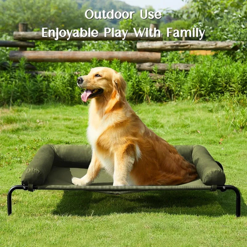 Raised Outdoor Dog Bed with Bolster for Large Dogs, Slightly Chew Proof Portable Cooling Pet Cot