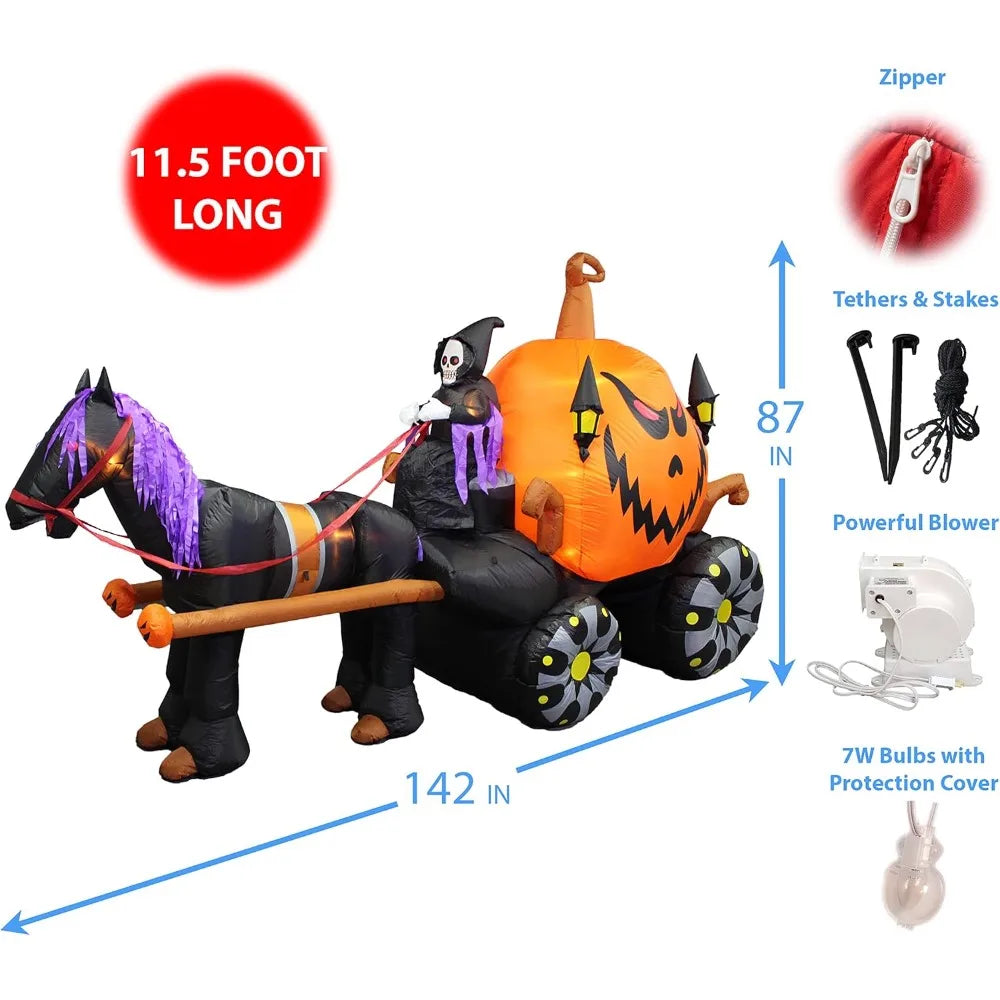 Inflatable Yard Decorations,11.5 Foot Long Inflatable Grim Reaper Driving Pumpkin Carriage.