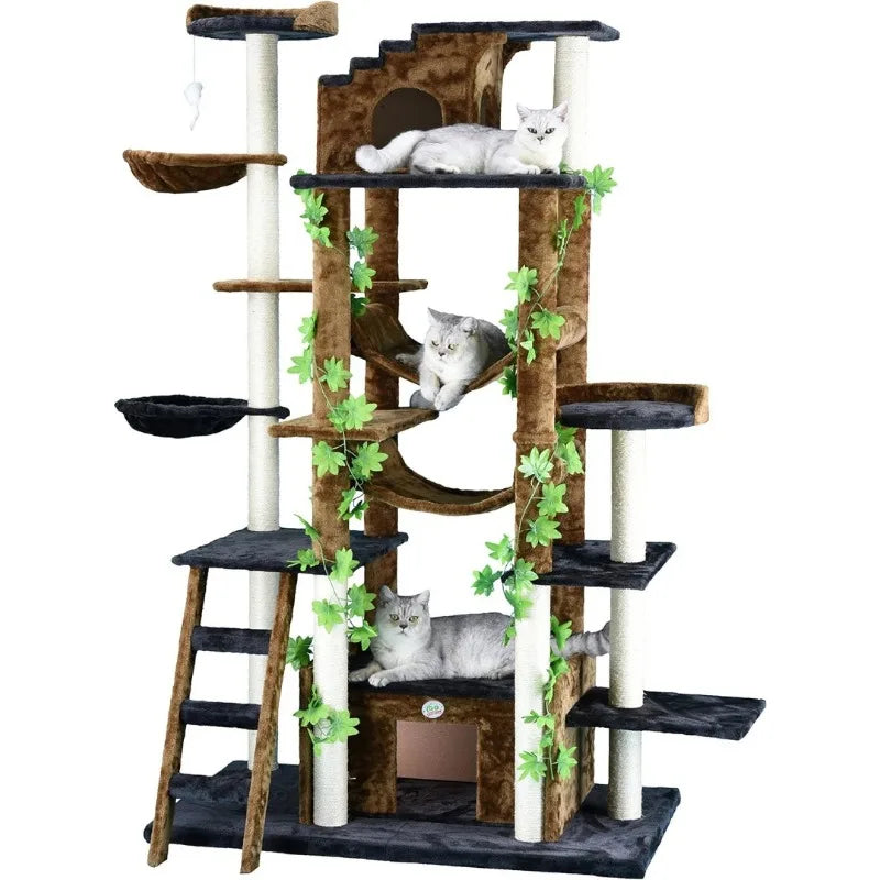 71" Jungle Forest Luxury Cat Tree Condo Kitty Climber Furniture Arched Top with Spinning Poles and Tunnel