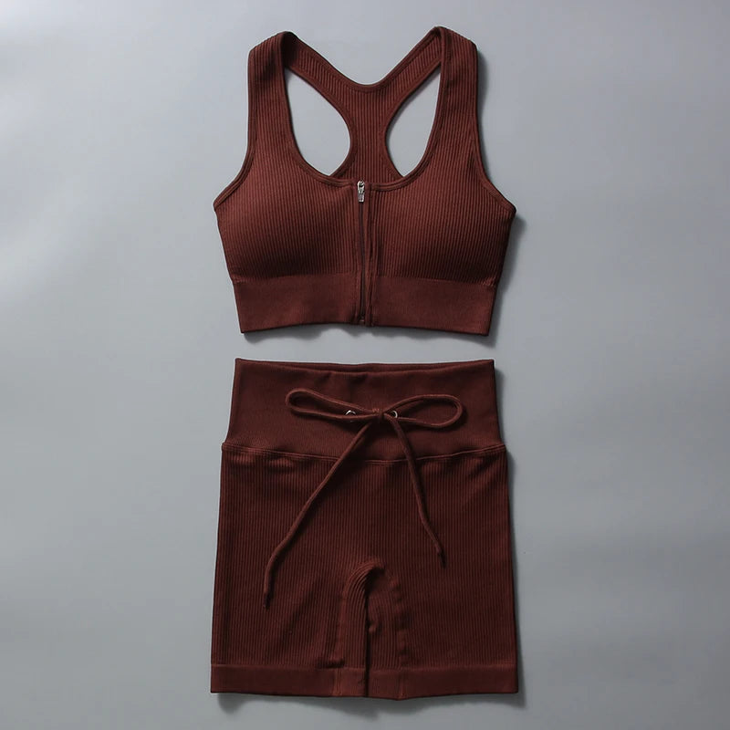 Seamless Yoga Suit Women's Zip Tank Top Shorts Suit Sports Suit Drawstring.