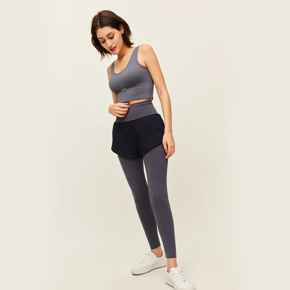 Women Fitness Gym Leggings Yoga Pants Solid Color Sport Clothes Stretchy High Waist  Fake Two Tight Trousers.