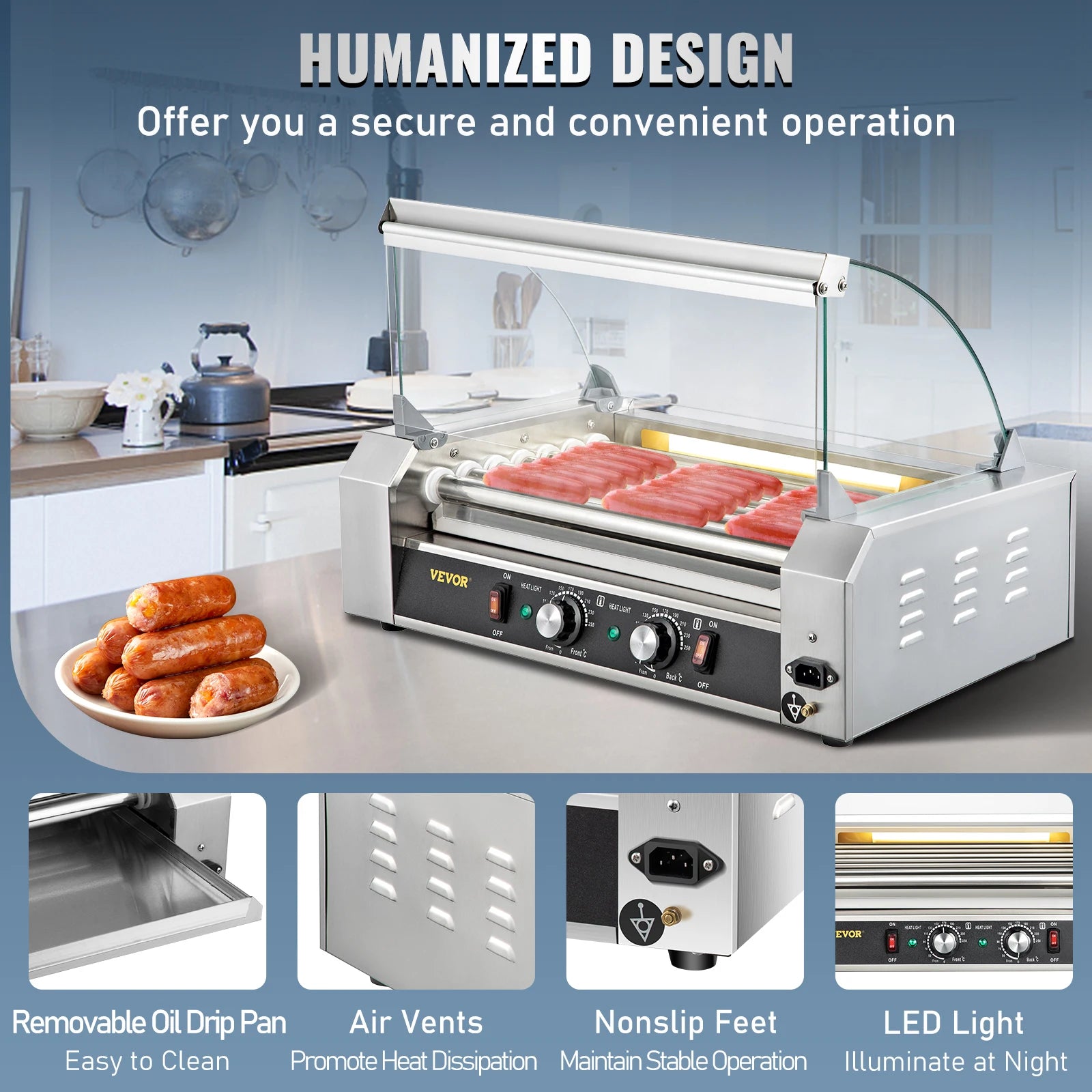 VEVOR Hot Dog Roller 5/7/11 Rods Stainless Steel Electric Sausage Grill Cooker With Dual Temp Control. - One Stop Shop & More