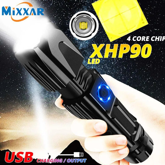 ZK20 Super Bright XHP90 LED Flashlight Zoomable USB Charging waterproof Tactical 26650 Hunting Flashlights with Safety Hammer.