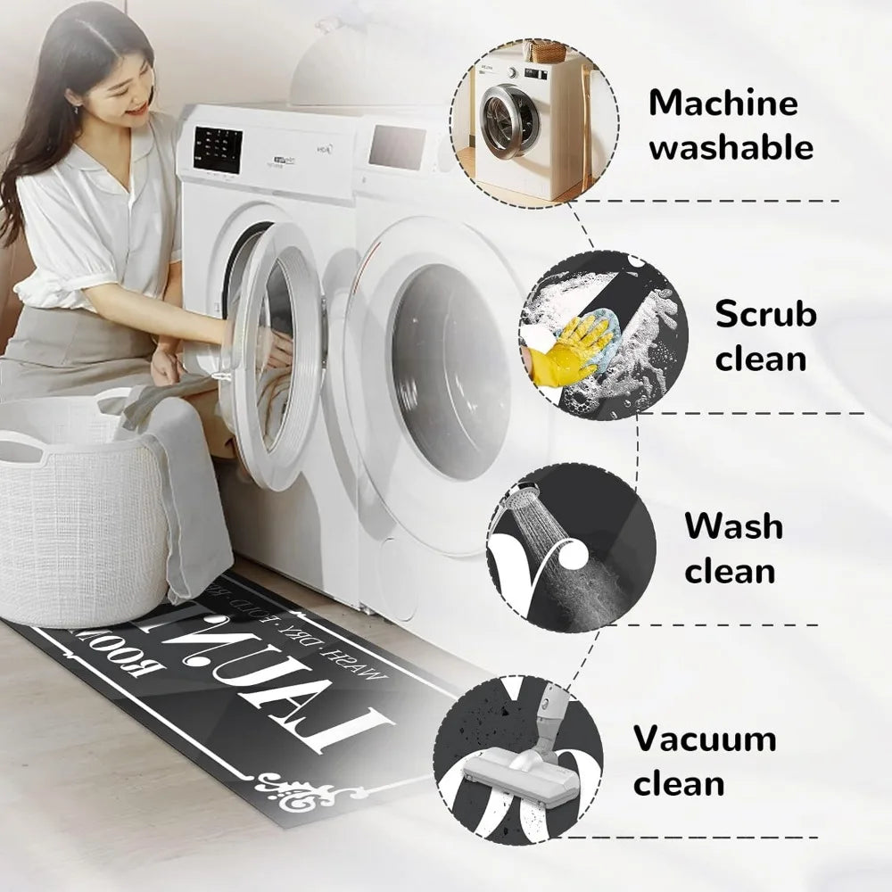 Laundry Room Rug: 17"X48" Laundry Room Decor and Accessories Non-Slip Black Runner Rug Machine Washable Text Design Laundry Mat