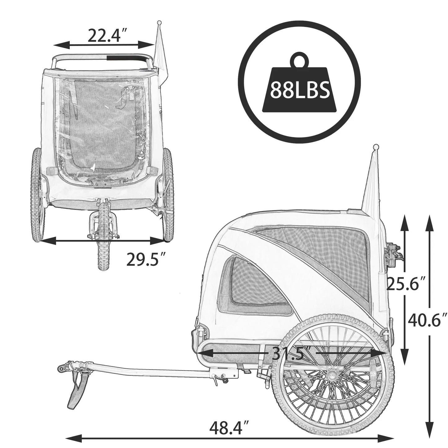 Dog Bike Trailer Load Bearing 40kg for Big Dogs with a 12 inch Jogger Wheel and a 6" Swivel Stroller Wheel