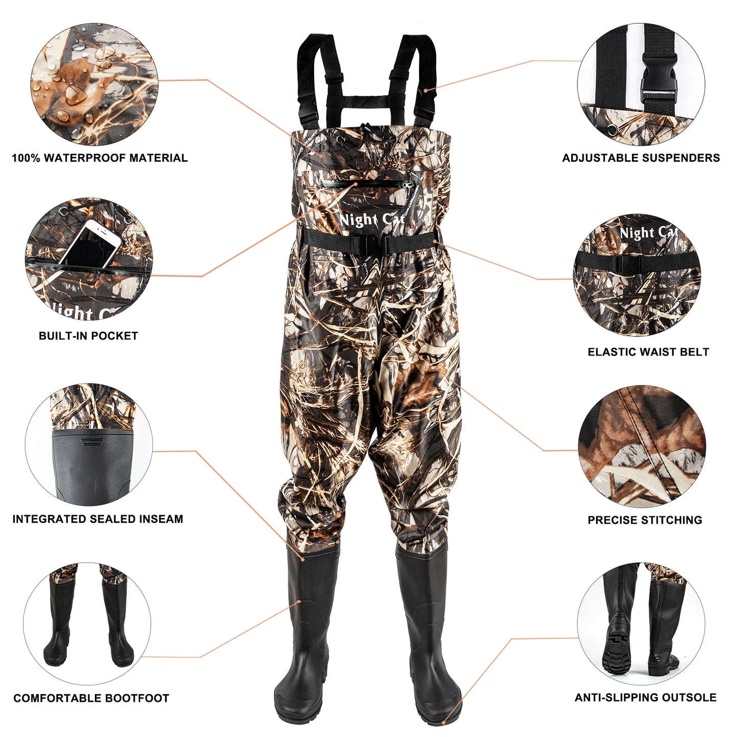 Night Cat Fishing Wader for Men Women Waterproof Hunting Nylon Chest Wader with Boots Belt Breathable Lightweight