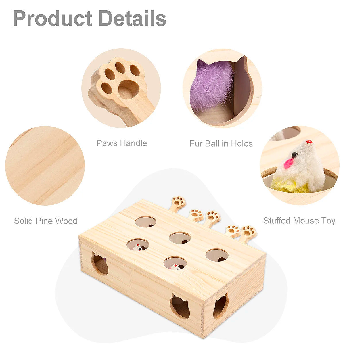 MewooFun Cat Toys Interactive Whack-a-mole Solid Wood Toys for Indoor Cats.