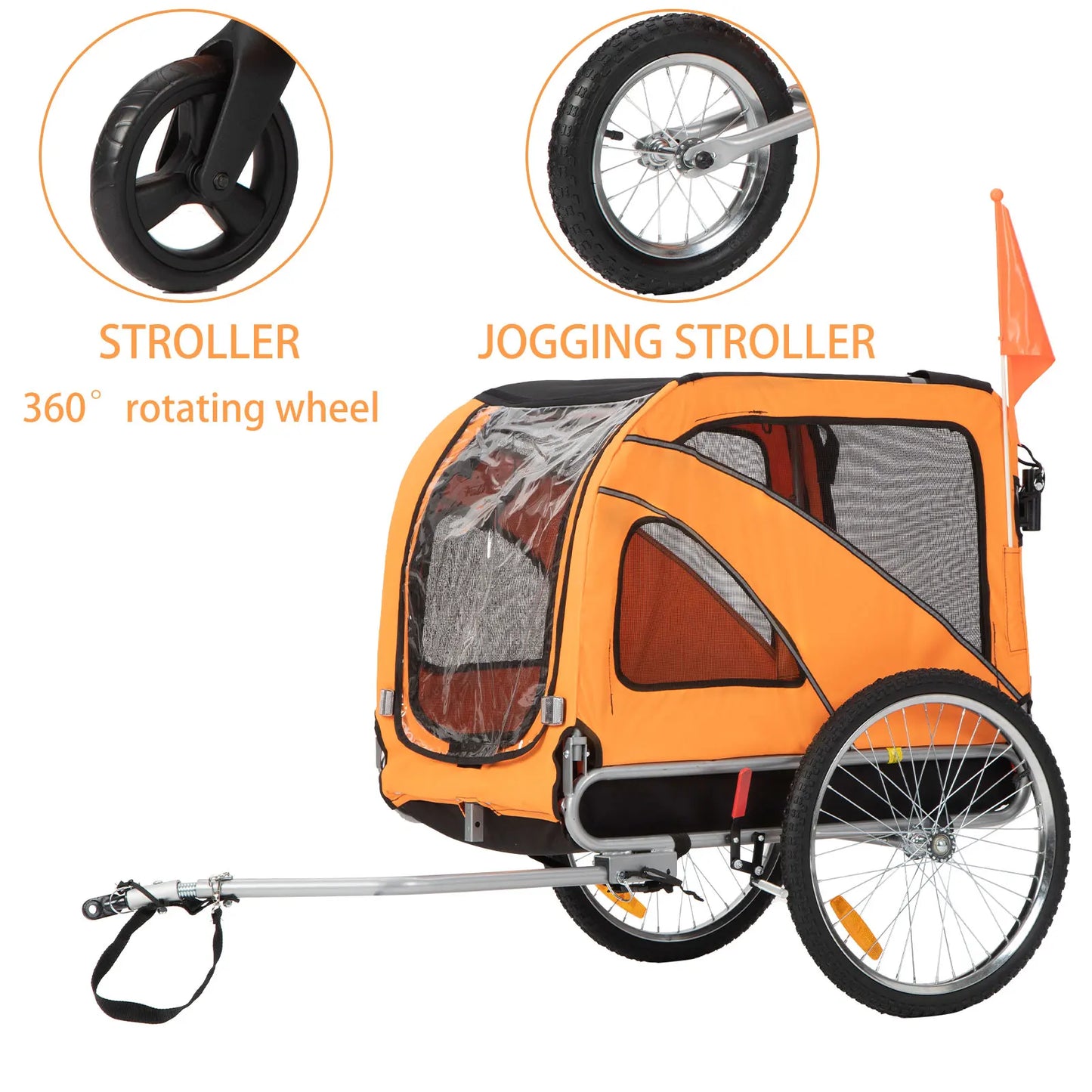 Dog Bike Trailer Load Bearing 40kg for Big Dogs with a 12 inch Jogger Wheel and a 6" Swivel Stroller Wheel