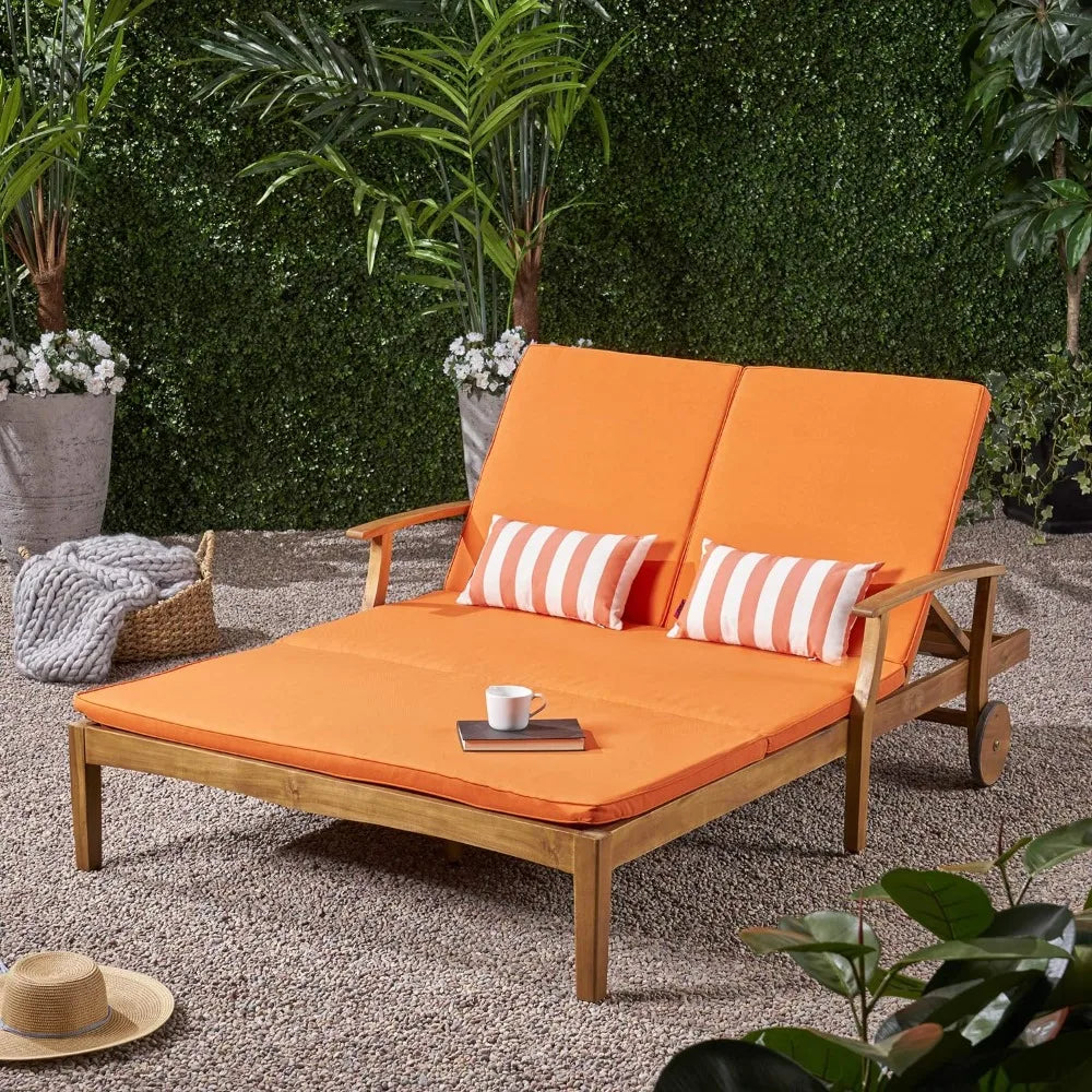 Folding Teak Finish With Orange Cushions, Double Chaise Lounge with Wood Frame.