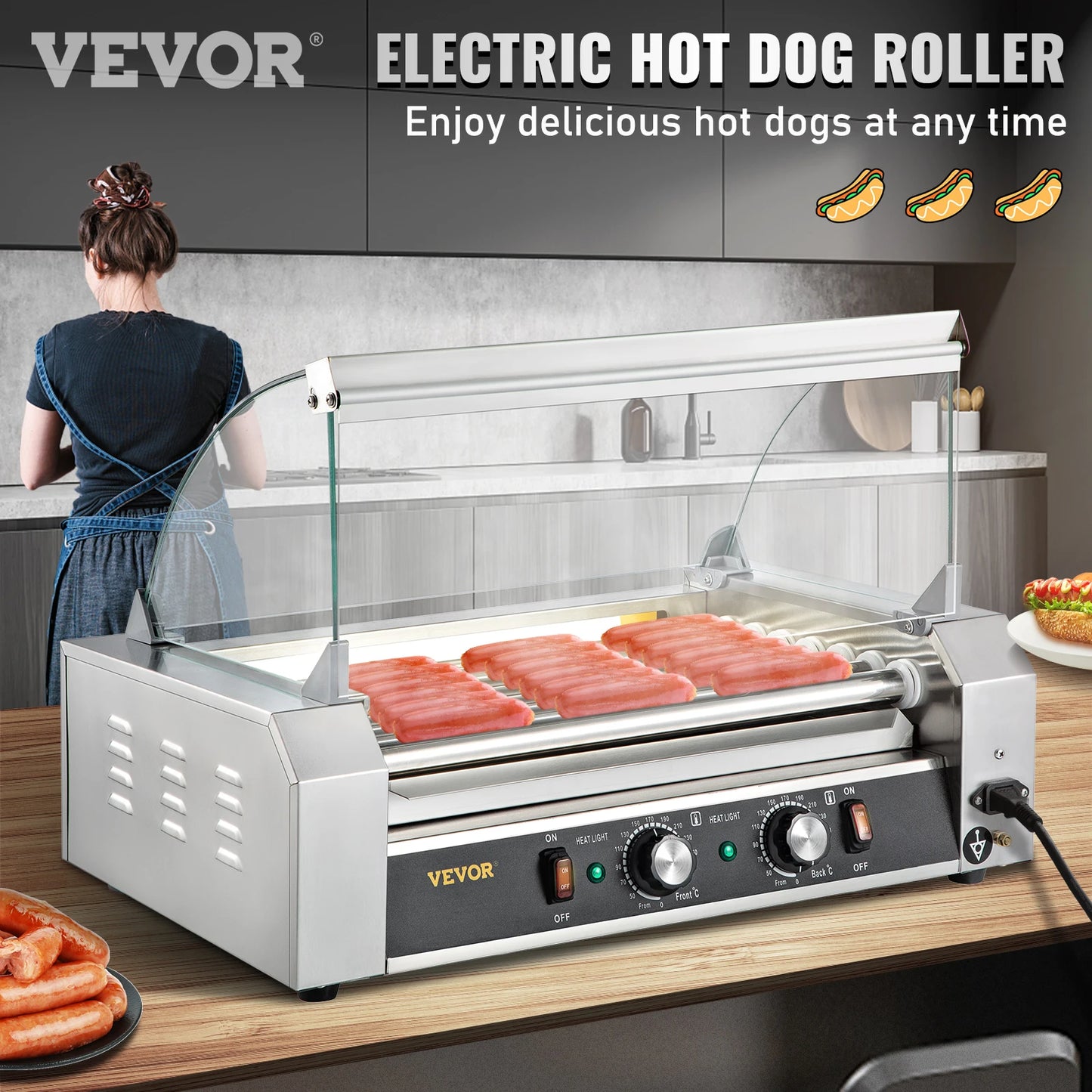 VEVOR Hot Dog Roller 5/7/11 Rods Stainless Steel Electric Sausage Grill Cooker With Dual Temp Control. - One Stop Shop & More