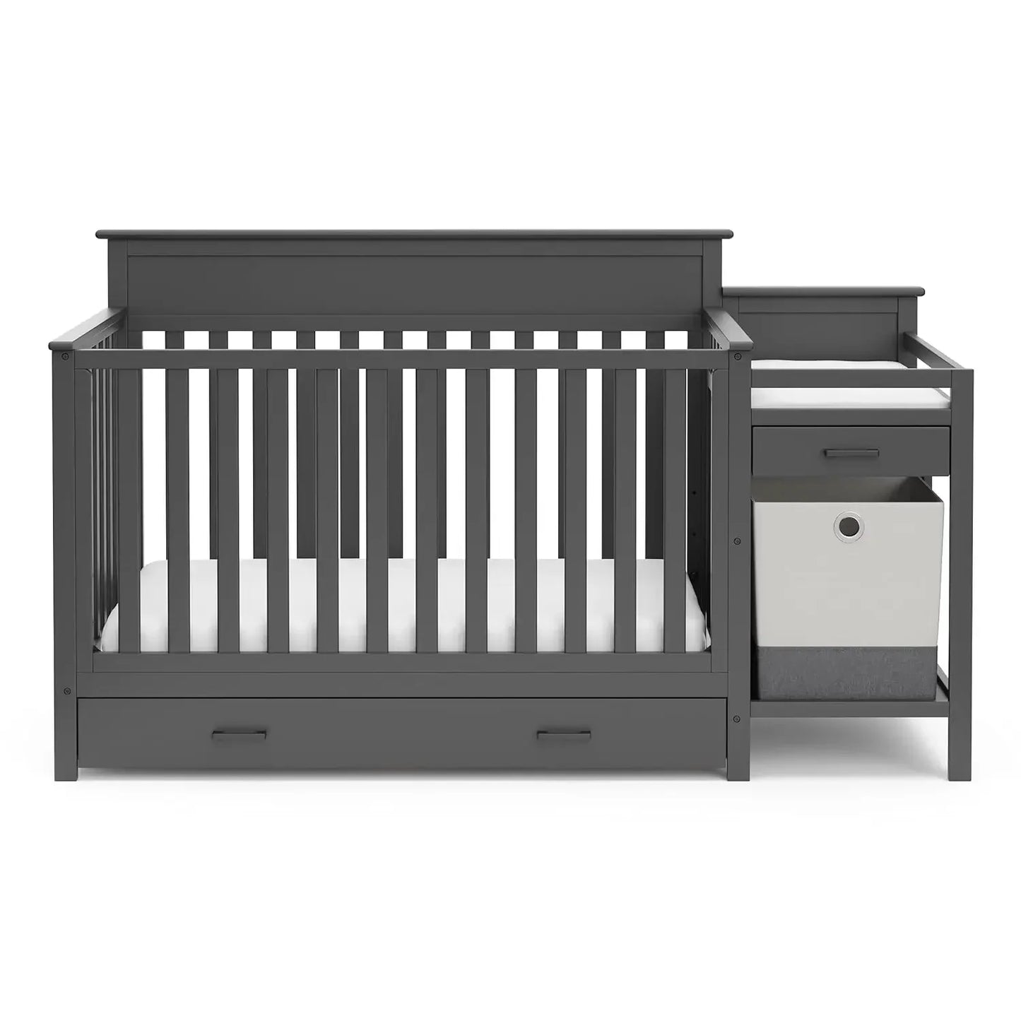 Convertible Crib and Changing Table Combo with Drawer, 4 in 1,  Bed, Changer, Gray, Converts to Toddler Bed