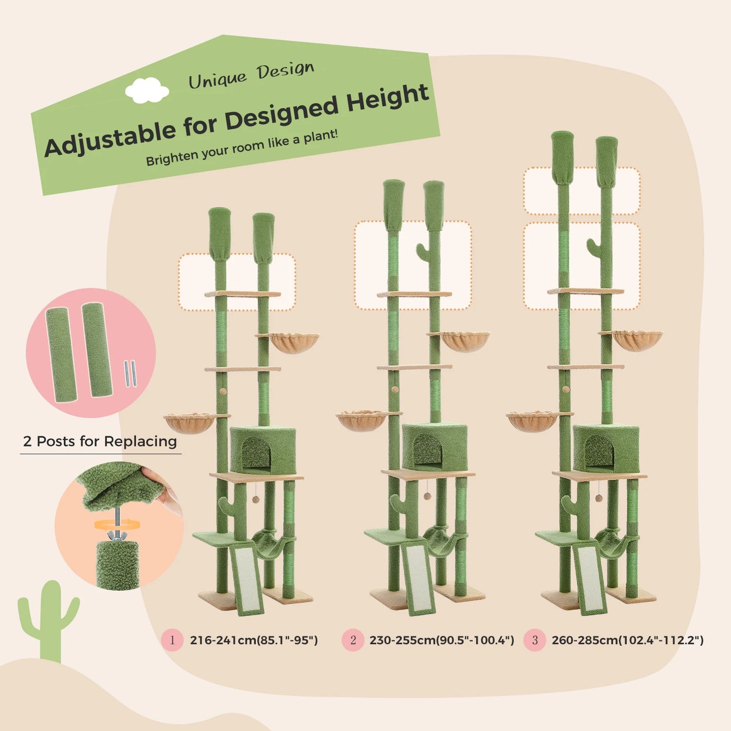 Cactus Cat Tree Floor to Ceiling Cat Tower with Adjustable Height 216-285CM 7 Tiers Climbing Tree with Cozy Hammocks and Condos