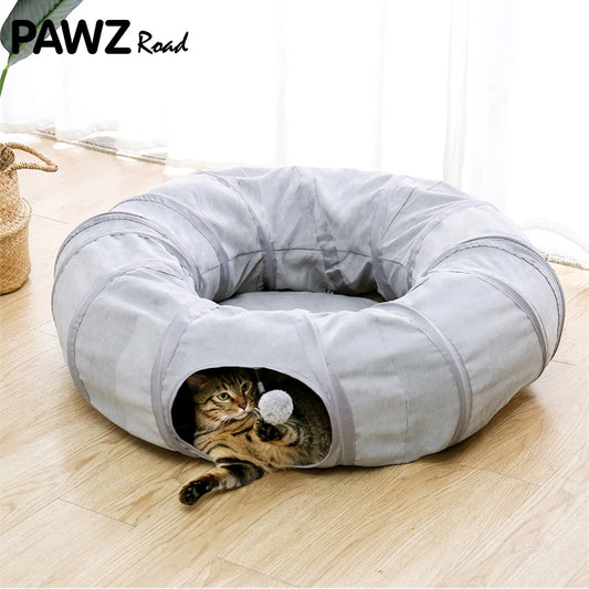 Cat Tunnel Toy Cat Pop Up Bed Collapsible Rabbit Round Tunnel with Mat Cushion 3 Tube Interactive Peek Plush Ball Toy for Indoor